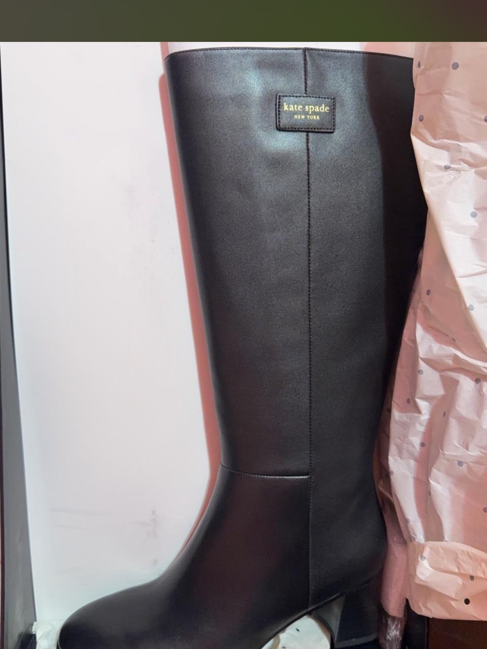 kate spade Black Leather Knee-High Block Heel Boot